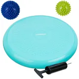 Relaxdays Balance Kissen, 2 Massagebälle, Ø 32 cm, bis 140 kg, ergonomisches Wackelkissen mit Noppen, Luftpumpe, türkis