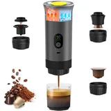 Bostar Tragbare Espressomaschine 3 in 1 mit digitaler Temperaturanzeige, Elektrische Kaffeemaschine Espresso Maker für Camping Reise, Kompatibel mit Klein/Groß Kapseln Gemahlen (Metallic-Grau)