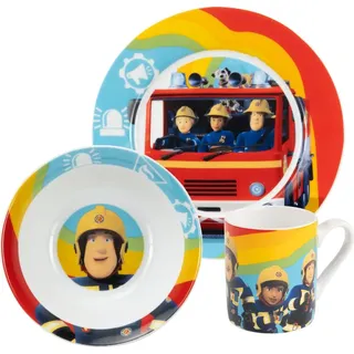UNITED LABELS Feuerwehrmann Sam Frühstücksset aus Porzellan mit Teller Ø Rainbow, Geschirr Set 3-teilig in Mehrfarbig Gr.: onesize