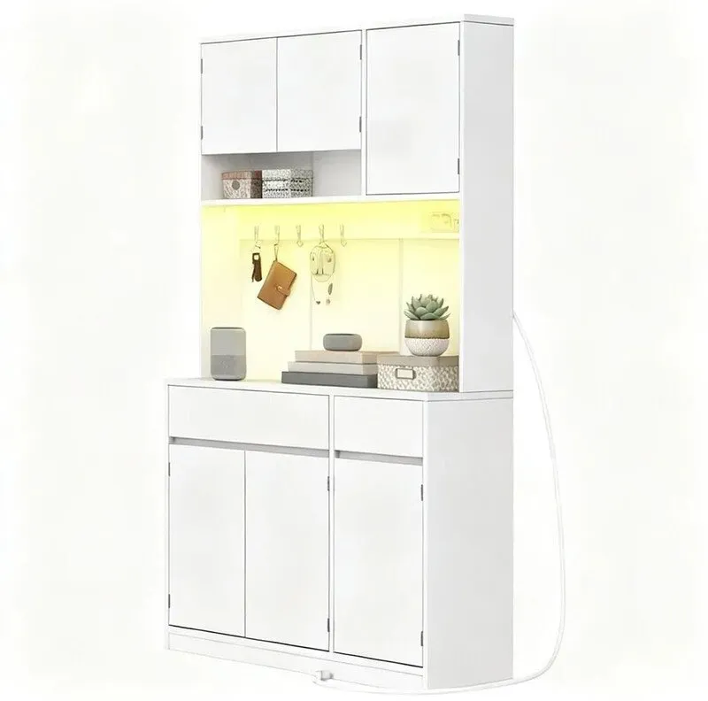 HaluPeit Küchenschrank, Sideboard, Küchenkommode mit Steckdosen und LED-Lichtleisten, mit Arbeitsplatten und 2 Schubladen, verstellbare Einlegeböden, Küche, 40 x 100 x 180 cm, Weiß