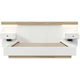 Merax Bettanlage Holzbett 140x200 Doppelbett mit 2 LED Nachtkommoden & 1 USB & 1 Type C & 1 Steckdose & Lattenrost Beige & Weiß