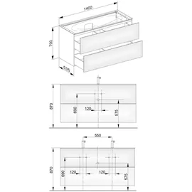 Keuco Waschtischunterschrank 2 Auszüge 140 x 70 x 53,5 cm Eiche Hell