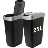 2friends Mülleimer 2 Fächer, 25l mit Schwingdeckel, Set für Mülltrennung, schwarz/silber - Schwarz