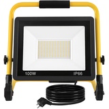 Aufun LED Baustrahler 100W, Baustellen Strahler Kaltweiß Arbeitsscheinwerfer LED Fluter Floodlight mit 3M Kabel, Standgestell und Tragegriff, Wasserdichtes IP66 Flutlichtstrahler für Garten, Garage