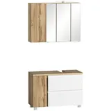 Lomadox Waschbeckenunterschrank, rechts, mit Spiegelschrank, 85cm, led Beleuchtung, VASTO-03-WHITE, Wotan Eiche Nb. mit weiß matt, b/h/t ca. 85/200/35 cm