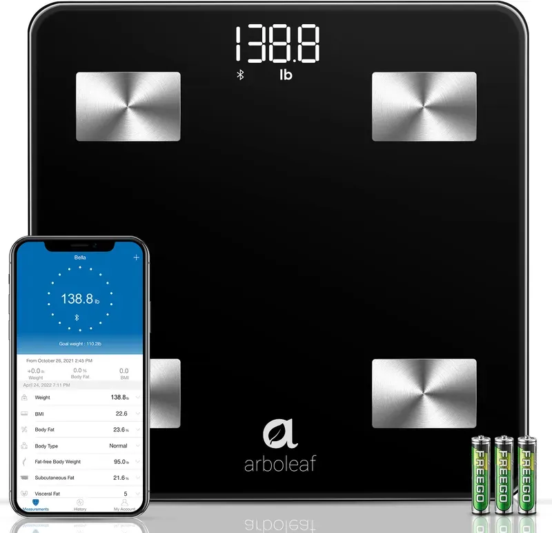 Arboleaf Smarte Personenwaage, Bluetooth-App-Synchronisation, präzise BMI- und Muskelmasse-Analyse, 14 wichtige Körperwerte, Bluetooth-Synchronisation, klares LED-Display, ideal für Badezimmer und Zuhause, Modell CS20N