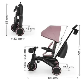 Kinderkraft JAZZ 3 Dreirad faltbar ab ca. 9 Monaten bis 25 kg, 360° drehbarer Sitz, Halbliegeposition vorwärts/rückwärts, UPF 50+ Verdeck wasserabweisend, Freilauf & Lenkermodus, kompakt faltbar, Rosa