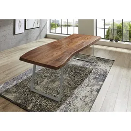 sam möbel gmbh Esstisch Baumkante Akazie nussbaum 300 x 100 schräges U-Gestell silber HALMSTAD - Braun, Holz, Echtholz,Akazie, Rechteckig,Rechteckig, U-Form, 300x79x100 cm, Esszimmer, Tische, Esstische