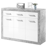 Stella Trading STONE Sideboard in Beton Optik, Weiß Hochglanz - Moderne Kommode mit Schubladen und viel Stauraum - 117 x 88 x 37 cm (B/H/T)