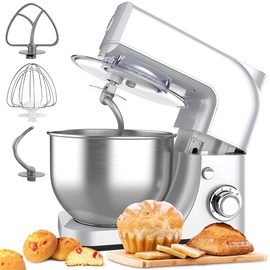 Vpcok Direct Küchenmaschine Knetmaschine Rührmaschine Küchenmaschine multifunktional 6 Geschwindigkeit mit Edelstahlschüssel Teigknetmaschine mit Rührbesen, Knethaken, Schlagbesen(MEHRWEG)