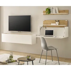 furn.design Wohnwand mit Sekretär weiß und Wotan Eiche Wohnkombination 3-tlg 270 cm Center