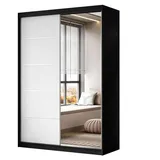 Lukmebel Kleiderschrank Camaro II Plus- Kleiderstange Schrank - Schwebetürenschrank mit Spiegel 150x59x215 cm Schrank Schwarz/Weiß - Schlafzimmer Möbel - Aluminiumgriffe