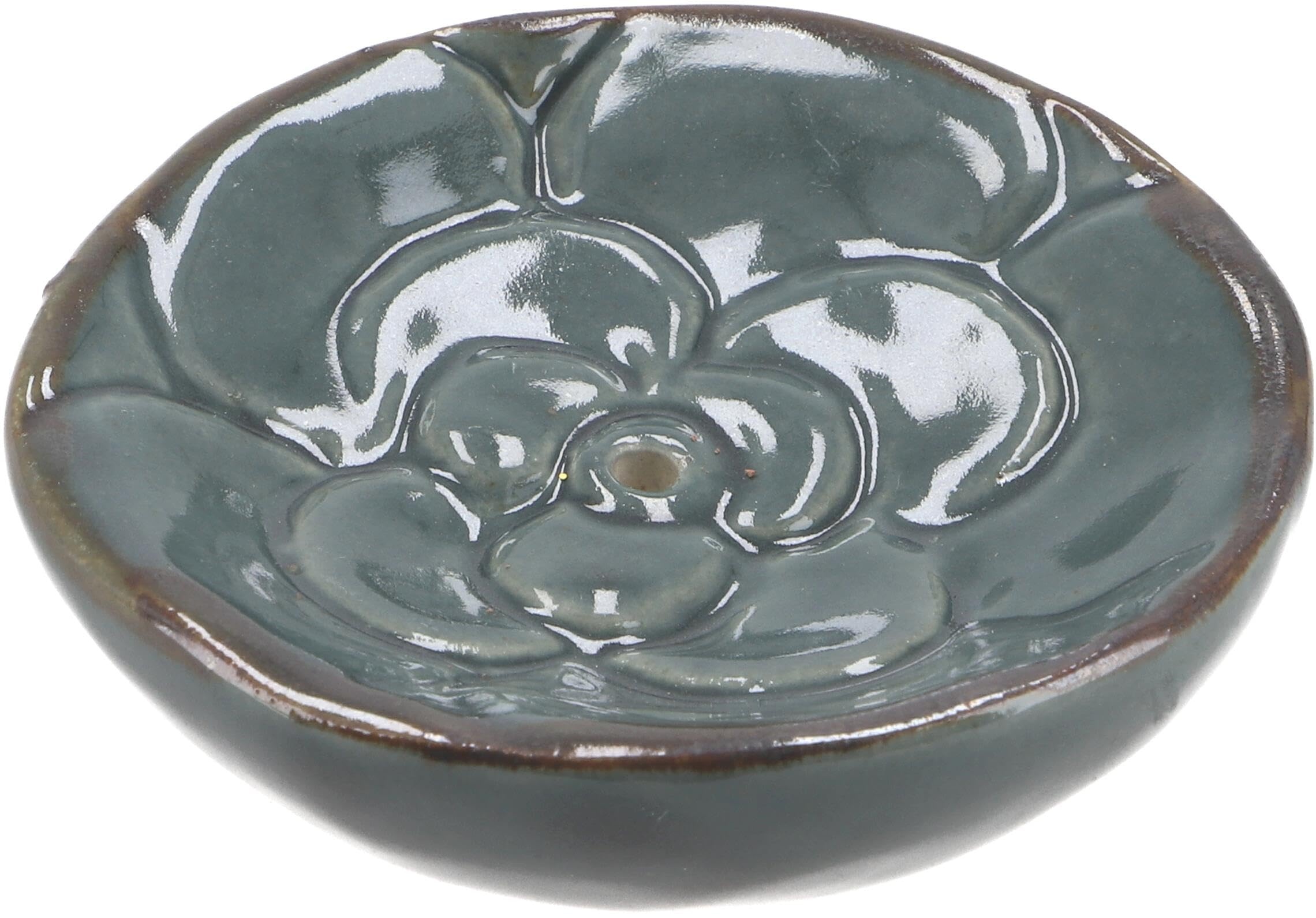 GURU SHOP Keramik Räucherteller - Blüte Blaugrün, 2x7x7 cm, Räucherstäbchen Halter