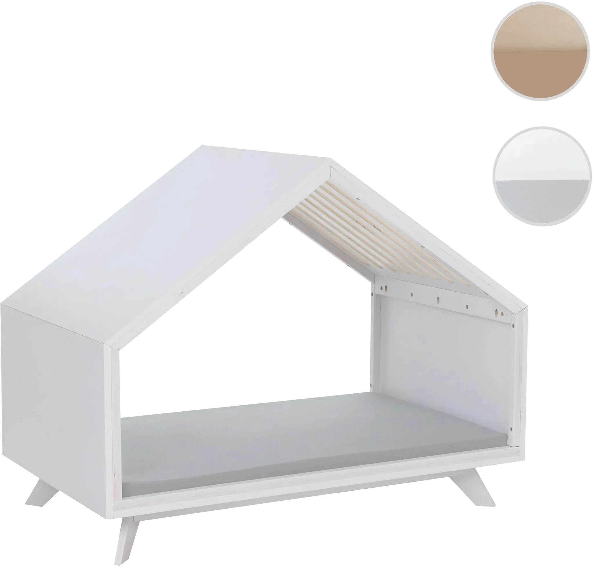 Schlafhütte HWC-Q65, für Haustiere Katzen-/Hundebett Tierhaus Holz FSC® 80x100x60cm ~ weiß, Kissen grau