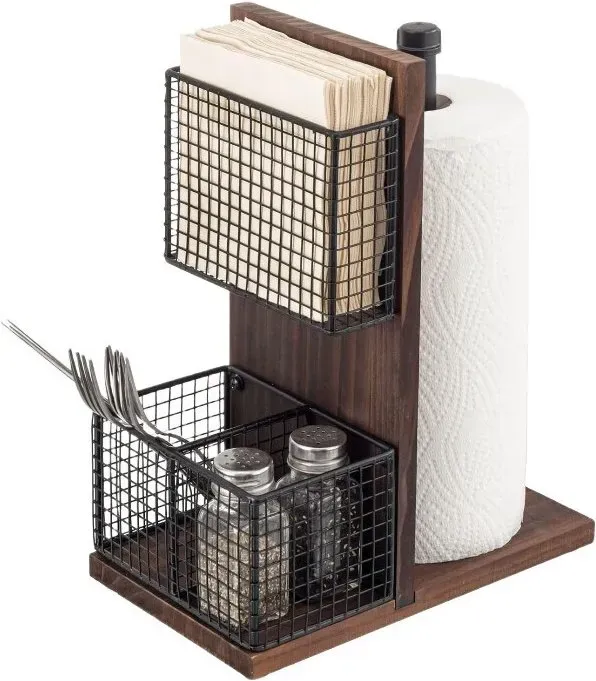 MyGift 3-in-1 Küchenorganizer mit Papiertuchhalter, Serviettenhalter & Gewürzregal - Rustikales Holz & Industrielles Metallrohr-Caddy für den Landhaus-Esstisch