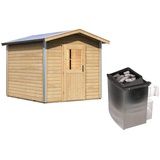 Woodfeeling Karibu Bosse 1 - 38 mm Gartensauna mit Vorraum und Satteldach-9 kW Ofen inkl. Steuergerät-Klassische Saunatür (Klarglas) inkl. 9-teiligem gratis Zubehörpaket (Gesamtwert 271,91€)