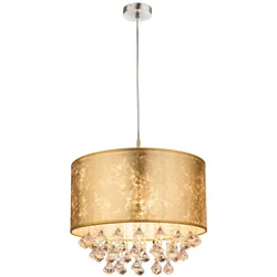 Hängeleuchte, Kristalle, Textilschirm, gold, H 140 cm