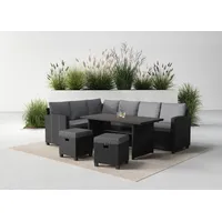 Konifera Gartenlounge-Set »Georgia« 2x 3er Bank,, 2x Hocker, 1x Tisch 145x74x67cm, Stahl, Polyrattan, inkl. Auflagen, Schwarz, Tischplatte aus Nonwood,