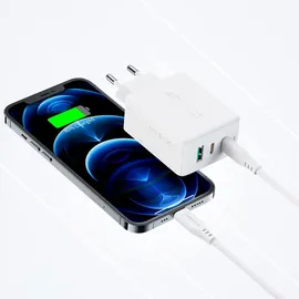 OEM Acefast 2W1 Netzwerk-Ladegerät 2x Usb C / Usb 65w Pd, Qc 3.0+Kabel Weiß