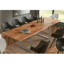 SAM® Esstisch Baumkante Akazie natur 220(320)x100 Ansteckplatten silber ADINA