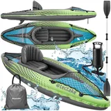 tectake® Kajak Boot aufblasbar, aufblasbares Kanu Paddelboot für 1 Person mit Doppelpaddel und Zubehör Sitz, Pumpe, Transporttasche, für Wassersport, Freizeit, als Angelboot, Ruderboot