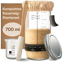 Praknu Sauerteig Starter Set aus Glas (700ml) Komplett-Set mit Anleitung für Einsteiger & Zuhause backen (Sauerteig Set)