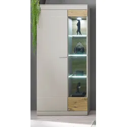 Furn.Design Vitrine in Kieselgrau matt und Zinneiche Wohn- und Esszimmer Vitrinenschrank 90 x 199 cm Griego