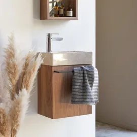 Tikamoon Hängendes Handwaschbecken Stelle aus Nussbaum und cremefarbenem Marmor