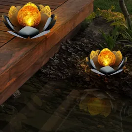 GLOBO Solarleuchte Flammen Design Außen Solarblume Aussen Lotusblume Solar Crackle Glas, grau, LED Leuchtmittel, 1x Lotusblume 1x Flammen Design, 2er Set