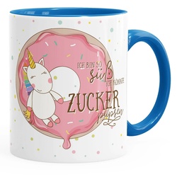 MoonWorks Tasse Tasse mit Innenfarbe Einhorn auf Donut Ich bin so süß ich könnte Zucker pupsen Unicorn mit Innenfarbe MoonWorks®, Keramik blau