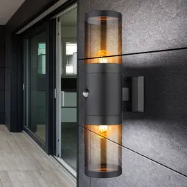 GLOBO Außenleuchte Wandlampe mit Bewegungsmelder Gartenleuchte Fassadenleuchte, Up Down Strahler, Edelstahl, schwarz rauch, 2x E27, Dxh 10,2x42 cm, 2er Set