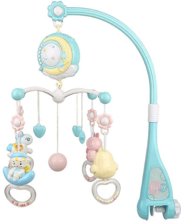 Baby Mobile Babybett mit Musik und Lichtern, Bett Mobile Baby Junge mit Fernbedienung, Spieluhr Baby Mobile für Bett, Stern und Mond Projektion, Baby Spielzeug (Blau)