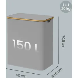 Songmics Wäschekorb Kunststoff/Metall grau 150 L 60x70,5x38,5 cm mit Deckel/3 Fächern