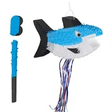 Relaxdays Pinata Hai, mit Stab & Maske, Partypinata Kinder, Geburtstag, zum Befüllen, HxBxT: 29 x 50,5 x 10 cm, bunt