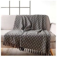 Plaid Fransen-Decke 150x125 cm Plaid Sofadecke schwarz weiß Baumwolle, Macosa Home, Designdecke Wolldecke Reisedecke beige|schwarz
