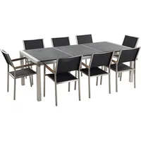 Beliani Gartenmöbel Set Schwarz Granit Edelstahl Tisch 220 cm Geflammt 8 Stühle Terrasse Outdoor Modern - Grau/Schwarz/Silber
