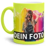 Tasse selbst individuell gestalten/Personalisierbar mit eigenem Foto Bedrucken/Fototasse/Motivtasse/Werbetasse/Firmentasse mit Logo/Außen Neongelb Matt