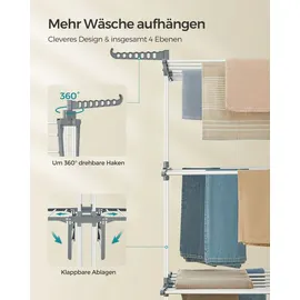 Songmics Wäscheständer, Standtrockner 4 Ebenen, mit Rollen, 63,5 x 128 x 173 cm, weiß - Weiß
