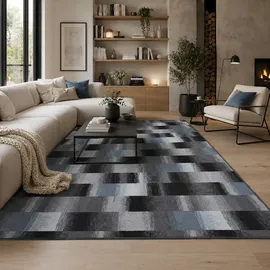 Snapstyle Designer Velour Teppich, Mystic Karo Blau Grau 200x300cm