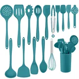 Homikit Küchenhelfer Set, 16 Stück Silikon Küchenutensilien, Kochutensilien Set mit Utensilienhalter, Hitzebeständiger Kochbesteck, Gesund & Antihaft, Spülmaschinengeeignet, Blau