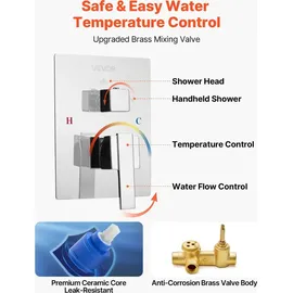 Vevor Duscharmatur Regenduschsystem fürs Badezimmer Duschsystem mit 254 mm quadratischen Regenduschkopf & Handbrause, wandmontierte Badezimmerarmaturen mit Messingventil & Zierset, Silberchrom