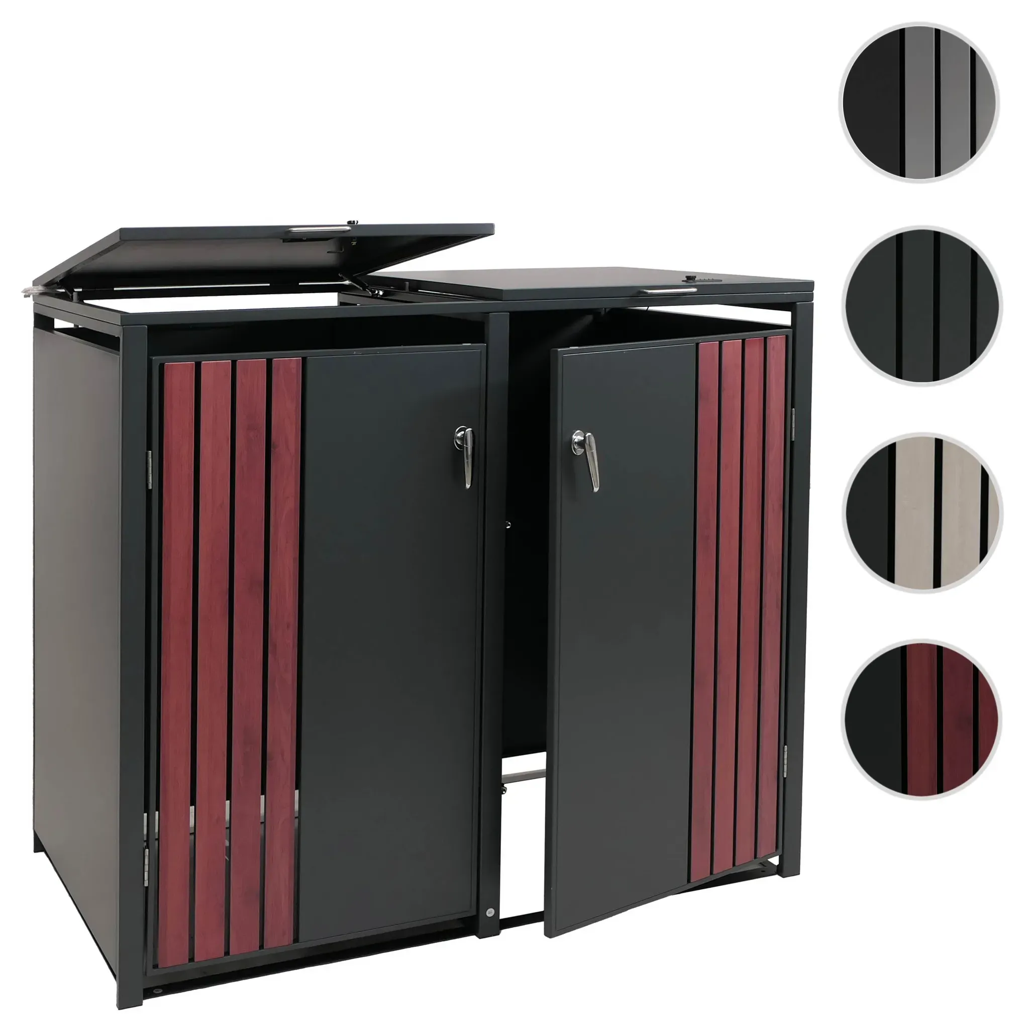 2er-Mülltonnenverkleidung HWC-O67, Mülltonnenbox mit Deckel, Metall 122x132x84cm 53kg ~ anthrazit Holzoptik dunkel
