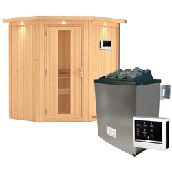 Karibu Sauna Taurin mit Eckeinstieg 68 mm -9 kW Ofen inkl. Steuergerät-Inkl. Dachkranz-Energiesparende Saunatür mit Glaseinsatz