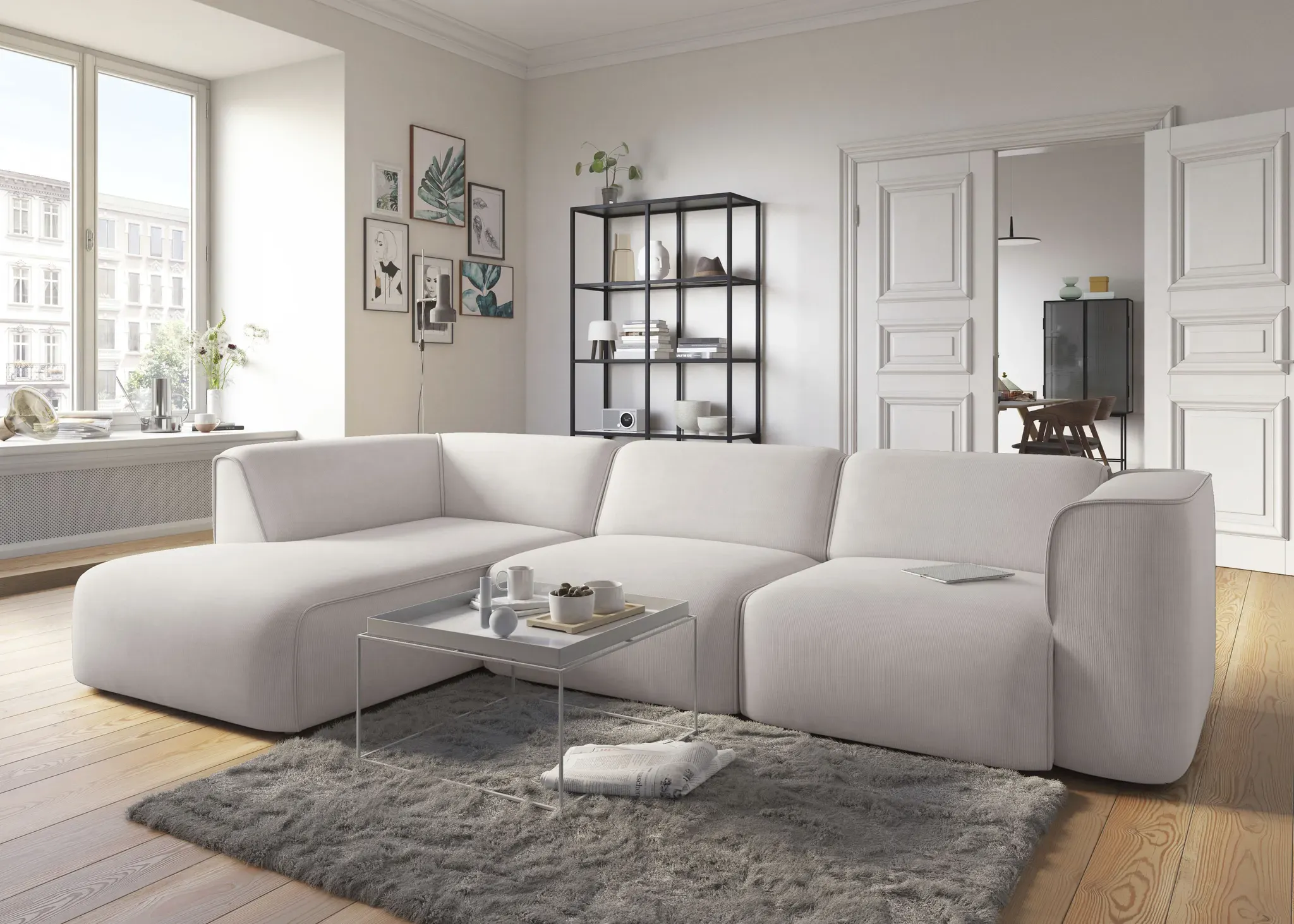 Ecksofa RAUM.ID "Merid jederzeit durch Module erweiterbar L-Form", beige (creme), B:295cm H:70cm T:162cm, Samtcord (92% Polyester, 8% Polyamid), Sofas, als Modul oder separat verwendbar, für individuelle Zusammenstellung, Topseller