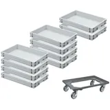 SparSet 10 x Eurobehälter Mit Geschlossenem Griff und 1 x Transportroller Grau HxBxT 7,5 x 40 x 60 cm 15 Liter Eurobox Transportbox