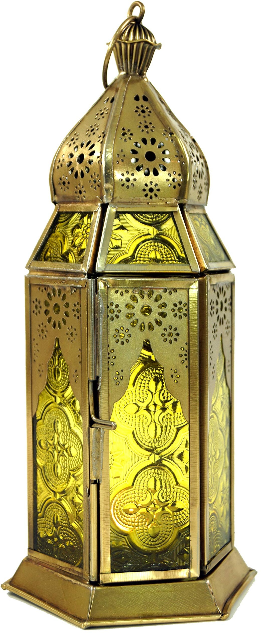 GURU SHOP Orientalische Metall/Glas Laterne in Marrokanischem Design, Windlicht, Gelb, Farbe: Gelb, 22x8,5x8,5 cm, Orientalische Laternen