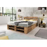 Lermowood Palettenbett M2 aus Holz 140 x 200 cm Eiche mit Kopfteil und 2 Bettkästen Holzbett 30cm Stabiles Seniorenbett Kinderbett Jugendbett Gästebett erhöhtes Bettgestell Futonbett Komforthöhe