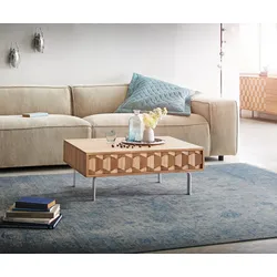 DELIFE Couchtisch Fevo 80x60 cm Akazie Natur L-Fuß Edelstahl, Couchtische