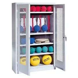 C+P Sportgeräteschrank mit Lochblech-Flügeltüren (Typ 2), HxBxT 195x120x50 cm, Ergo-Lock Muldengriff, Rubinrot (RAL 3003), Lichtgrau (RAL 7035), Einzelschließung