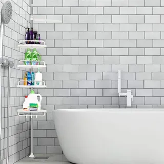 Teleskop Duschregal,Regal Badezimmer,Duschregal Teleskop ohne Bohren,Höhenverstellbar,Teleskopregal Bad mit 4 Plastikkörbe,Shampoo Halterung für Dusche,Dusche für Duschecke. (weiß)